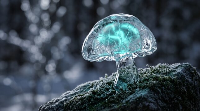 Surreal medium shot of a clear glass ice mushroom glowing with teal neural fibers on a frozen mossy rock surface