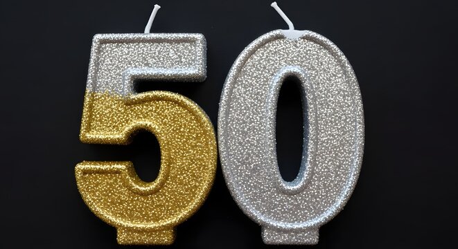 Golden 5 and silver 0 birthday candles celebrating a fiftieth bi
