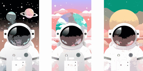 astronauts in colorful space scenes vector illustration cosmonauts exploration planets stars galaxy adventure future science fiction artwork design graphic visual creative fantasy extraterrestrial © Pabitra