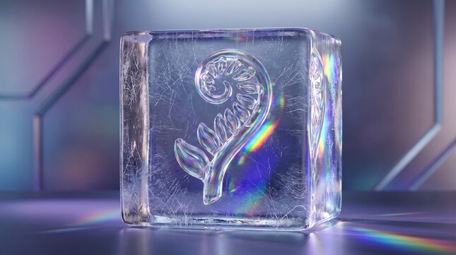 Abstract 3D render of a coiled iridescent glass fern sprout frozen inside a clear transparent ice cube with prism light refraction