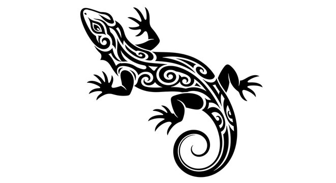 Intricate black and white tribal style lizard illustration with swirling patterns and detailed ornamentation