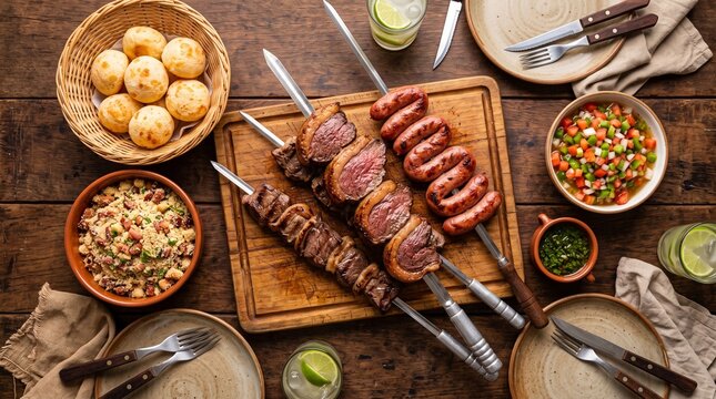 Brazilian churrasco barbecue feast with picanha steak skewers, sausage, farofa, pao de queijo, and vinaigrette