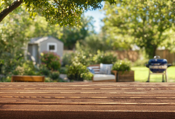 Naklejka premium blurred background of a backyard garden with grill BBQ and wooden table on foreground