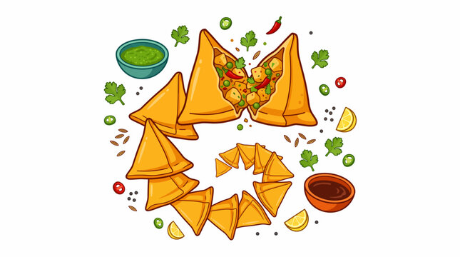 Delicious Indian samosas arranged in a circular pattern with chutneys, spices, and garnishes on a white background.