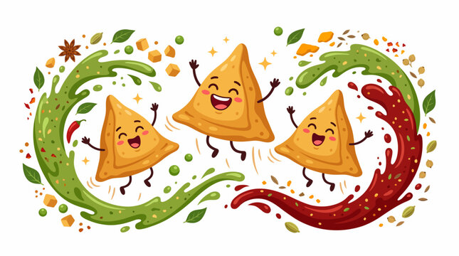 Three happy cartoon samosas dancing between vibrant green and red chutney swirls with scattered spices, creating a festive food illustration.