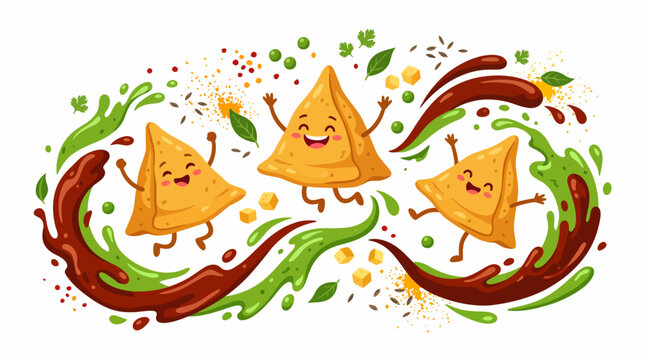 Three happy cartoon samosas dancing amidst splashes of green and brown chutneys, spices, and herbs, creating a joyful food illustration.
