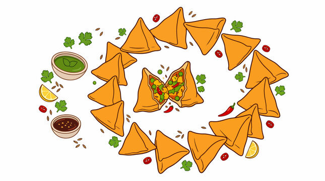 A vibrant illustration of numerous golden-brown samosas arranged in an oval pattern, with one cut open to show its savory filling, accompanied by chutneys and garnishes.