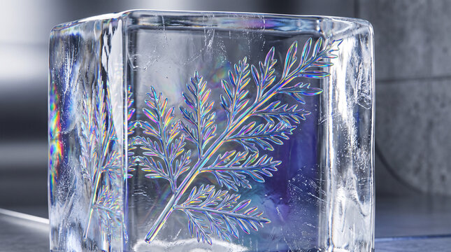 Abstract 3D render of an iridescent glass fern leaf structure frozen inside a solid clear ice cube block