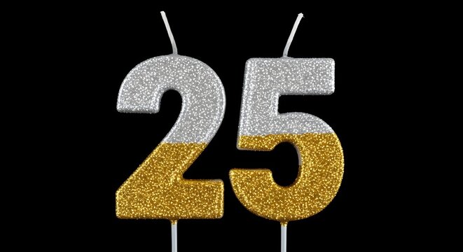 Silver and gold glittery 25th birthday candles for celebrations