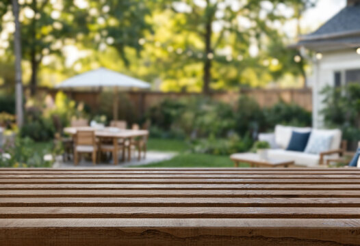 blurred background of a cozy backyard garden with garden furniture, wooden table on foreground