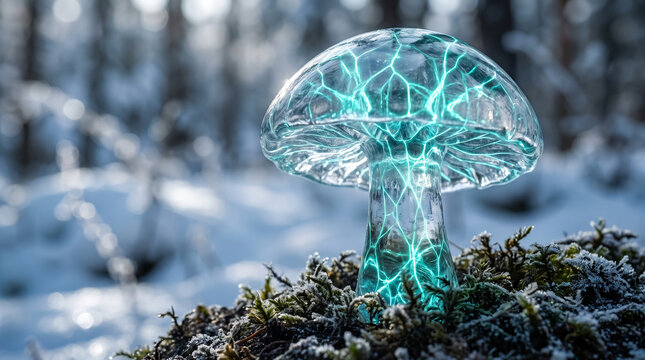 Surreal photorealistic shot of an abstract bioluminescent ice mushroom glowing with neon teal energy lines on a frozen moss