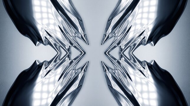 Abstract 3D render of symmetrical liquid silver chrome wave structures with sharp futuristic ice patterns and metallic grid reflections