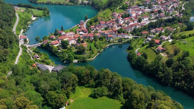 Aerial View Of The Town Of Most na Soči In The Littoral Region Of Slovenia.