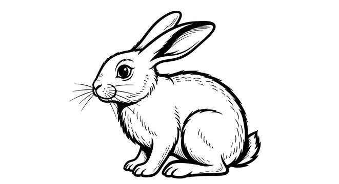 A black and white illustration of a cute rabbit sitting and looking to the left