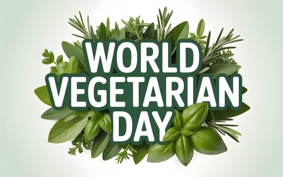 Vegetarian day text surrounded by fresh green herbs and basil on light background