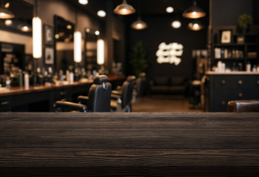 Empty wooden table on foreground with style barbershop interior in the background, mockup template for product display