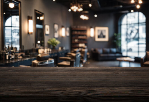 blur background of a barbershop interior and wooden table on foreground for product