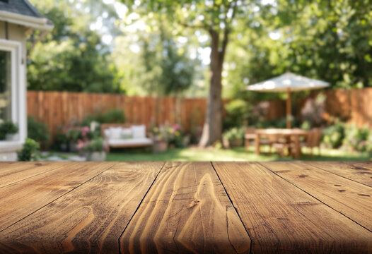 summer time in backyard garden with grill BBQ, wooden table, blurred background Stock Photo
