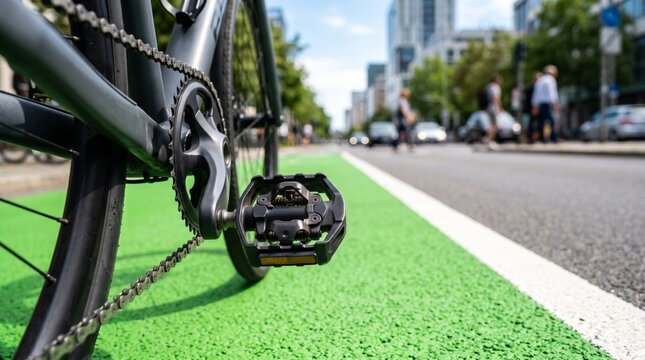 Bicycle pedal on green cycle lane on city street
