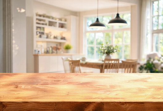 empty wooden table and bright cozy kitchen interior