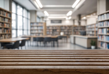 empty desk against blurred background of public library with bookshelves © Agil