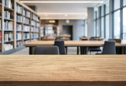empty desk against blurred background of public library