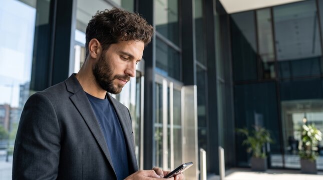 Modern dark haired bearded businessman holding smartphone at glass corporate office entrance, checking online stock trading, mobile payment app, fintech platform and business news outside.