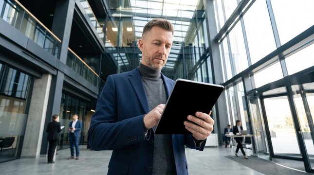 Mature handsome executive using digital tablet in spacious modern glass office lobby. Confident male business leader managing online financial portfolio, corporate tax data and fintech app.