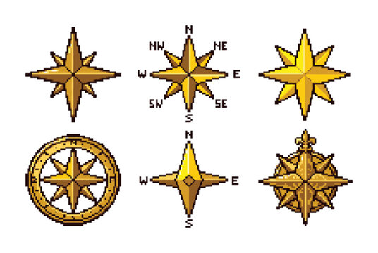 Set of golden pixel art compass rose icons for exploration themes.