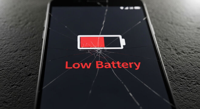 Phone screen with low battery warning and red battery icon that is almost empty.