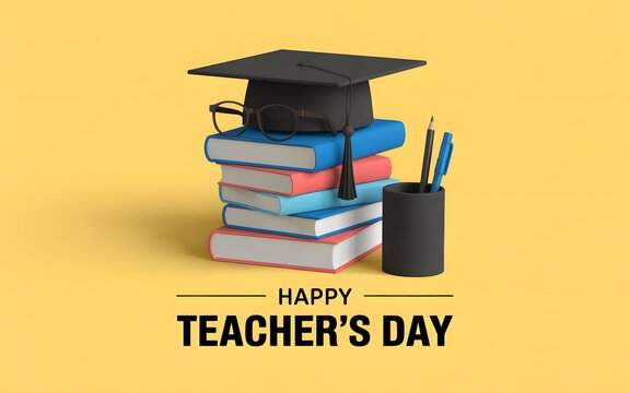 Happy teacher's day celebration concept with stacked books, glasses, and stationery
