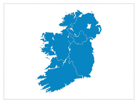 Blue Map Silhouette of the Island of Ireland with Regional Borders