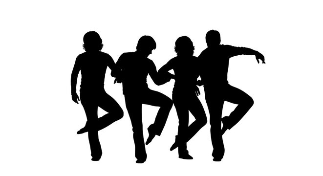 Silhouettes of four people dancing together in a dynamic and energetic pose against a white background