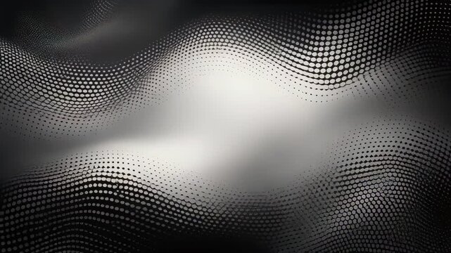 Abstract black and white halftone wave pattern with gradient dots