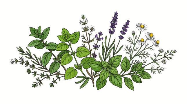 Illustrated Collection of Fresh Herbs and Flowers.