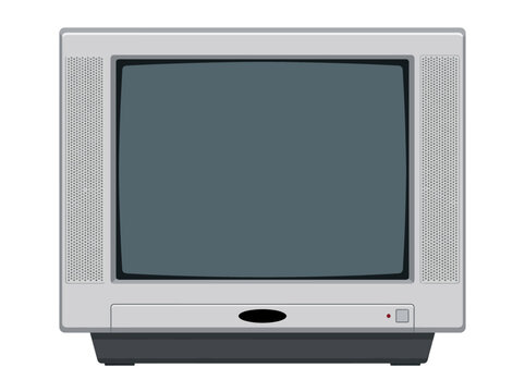 Retro silver CRT television illustration isolated on white. Vintage analog TV set for 90s nostalgia and media concepts.