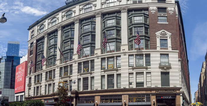 New York, NY, USA - June 14, 2026: The iconic facade and red branding of Macy's Herald Square flagship department store, located on Broadway in Manhattan, stands as a historic shopping landmark.