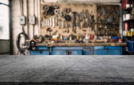 craft workshop or garage interior with tools and empty metal surface on foreground