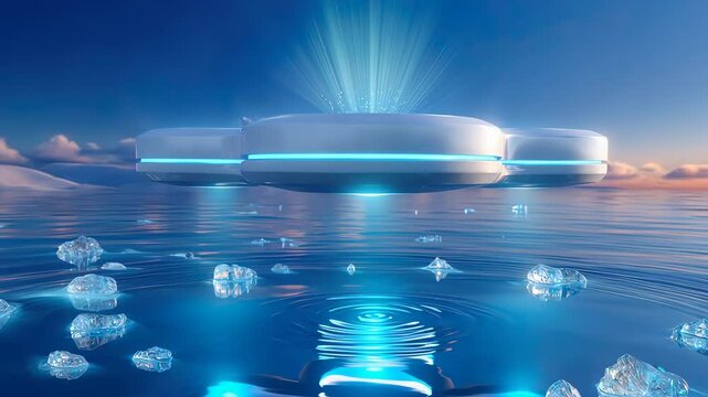 Futuristic floating platform in water