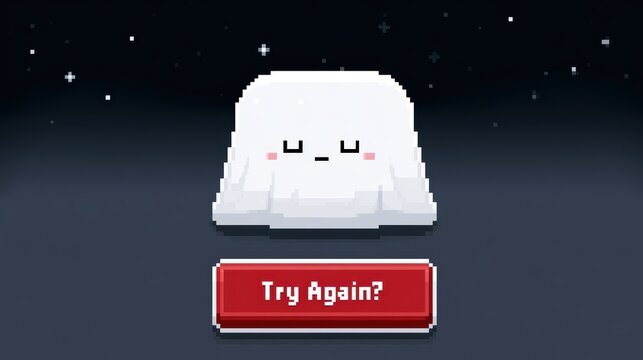 Cute white pixel art ghost character floating with try again button ui elements design