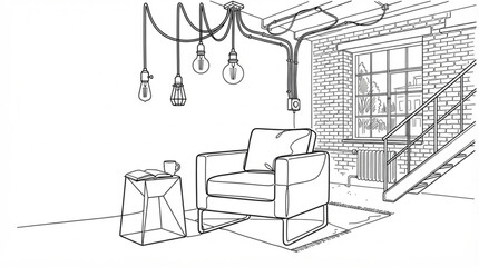 Fototapeta premium Modern continuous line art room interior vector design bold black one line furniture sketch for architecture brand