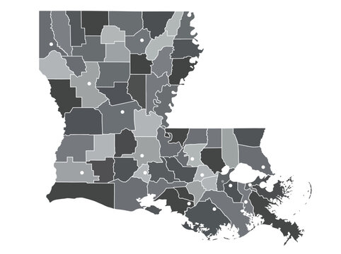 Louisiana State Parish Map with City Markers in Grayscale