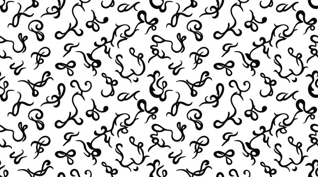 Elegant calligraphy style seamless pattern with black flowing lines on grey checkered area.