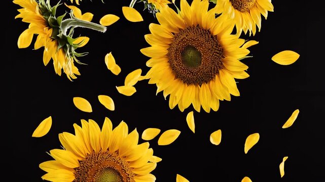 Yellow sunflowers and petals falling on black background