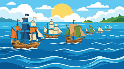 Obraz premium Fleet of Historical Sailing Ships Navigating Across a Sunny Ocean
