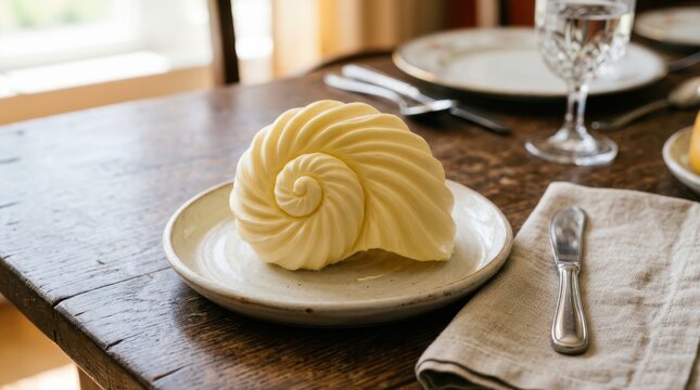 Sculpted butter swirl on plate with soft window light during a rustic breakfast setting