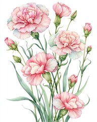 Obraz premium January Birth Flower Carnation Watercolor Botanical Illustration on White Background