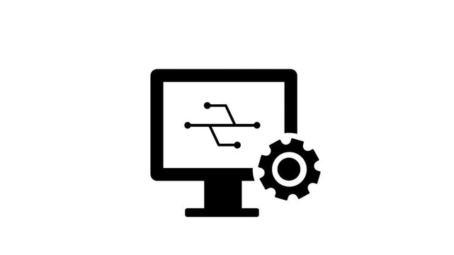 Version control system concept featuring computer, version lines, and gear symbols. Suitable for software management, revision tracking, configuration, and development workflow.