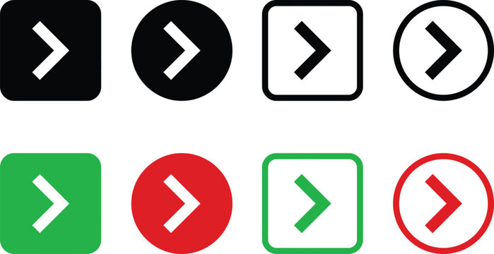 A comprehensive vector icon set featuring various right arrow buttons in different shapes and colors for modern web design and interface navigation