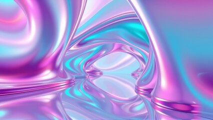 Fototapeta premium Abstract fluid shapes, vibrant pinks, blues reflect. Smooth curves create futuristic tunnel illusion. Dark background emphasizes luminosity.